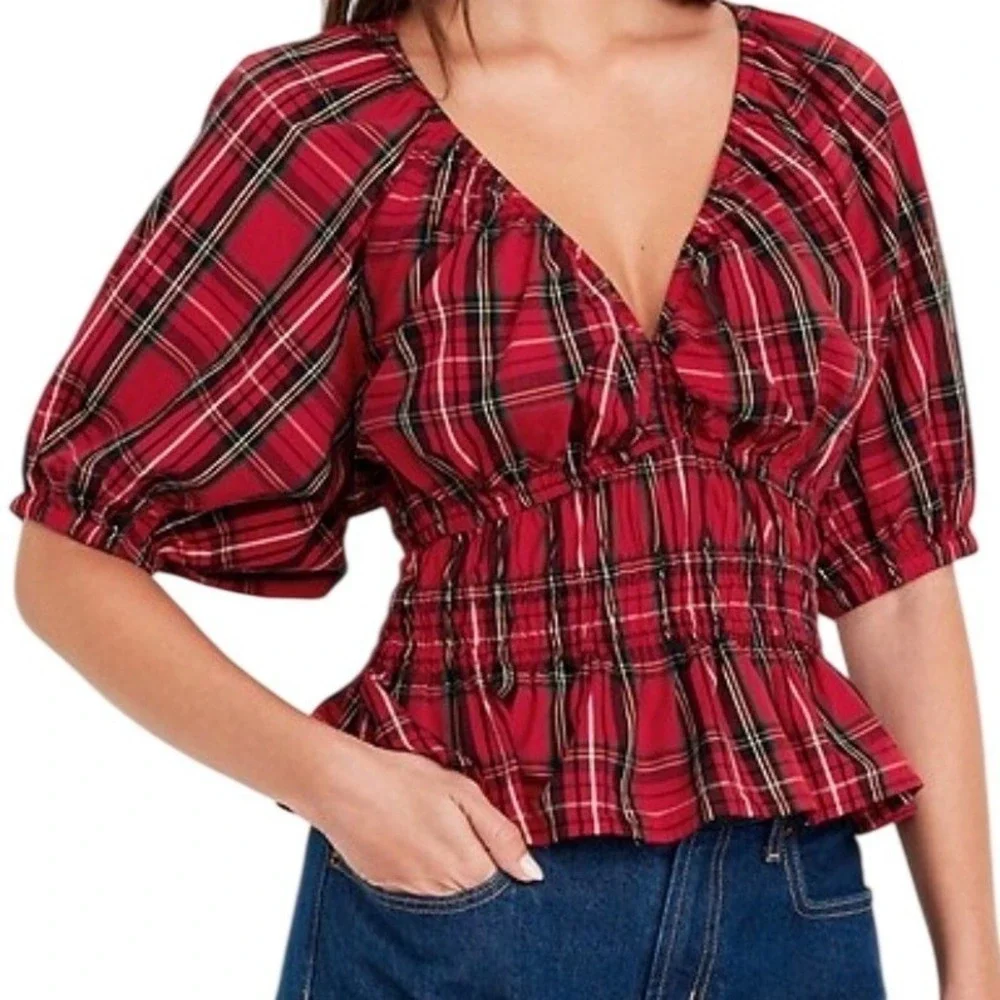 Old Navy Top Red Plaid Tartan Smocked Puff Sleeve Peplum  Preppy Academia Size M